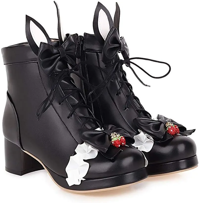 Elyffany Womens Sweet Platform Lolita Boots Chunky Heel Lace up Bow Ankle Boots