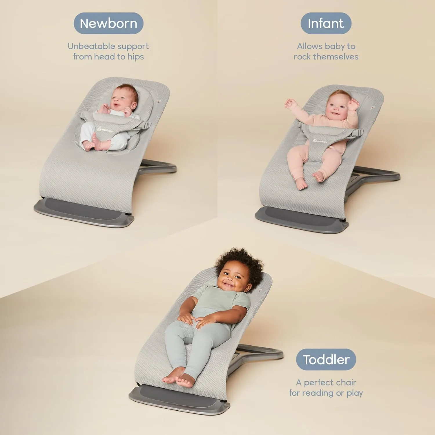 Ergobaby Evolve 3-in-1 Mesh Bouncer, Adjustable Multi Position Baby Bouncer Seat, Fits Newborn to Toddler, Cream Mesh