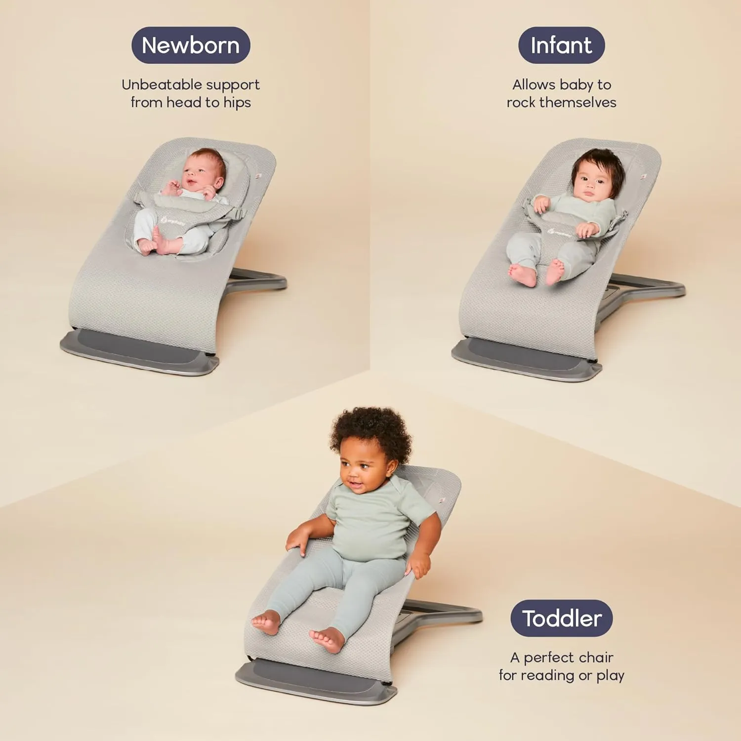 Ergobaby Evolve 3-in-1 Mesh Bouncer, Adjustable Multi Position Baby Bouncer Seat, Fits Newborn to Toddler, Grey Mesh