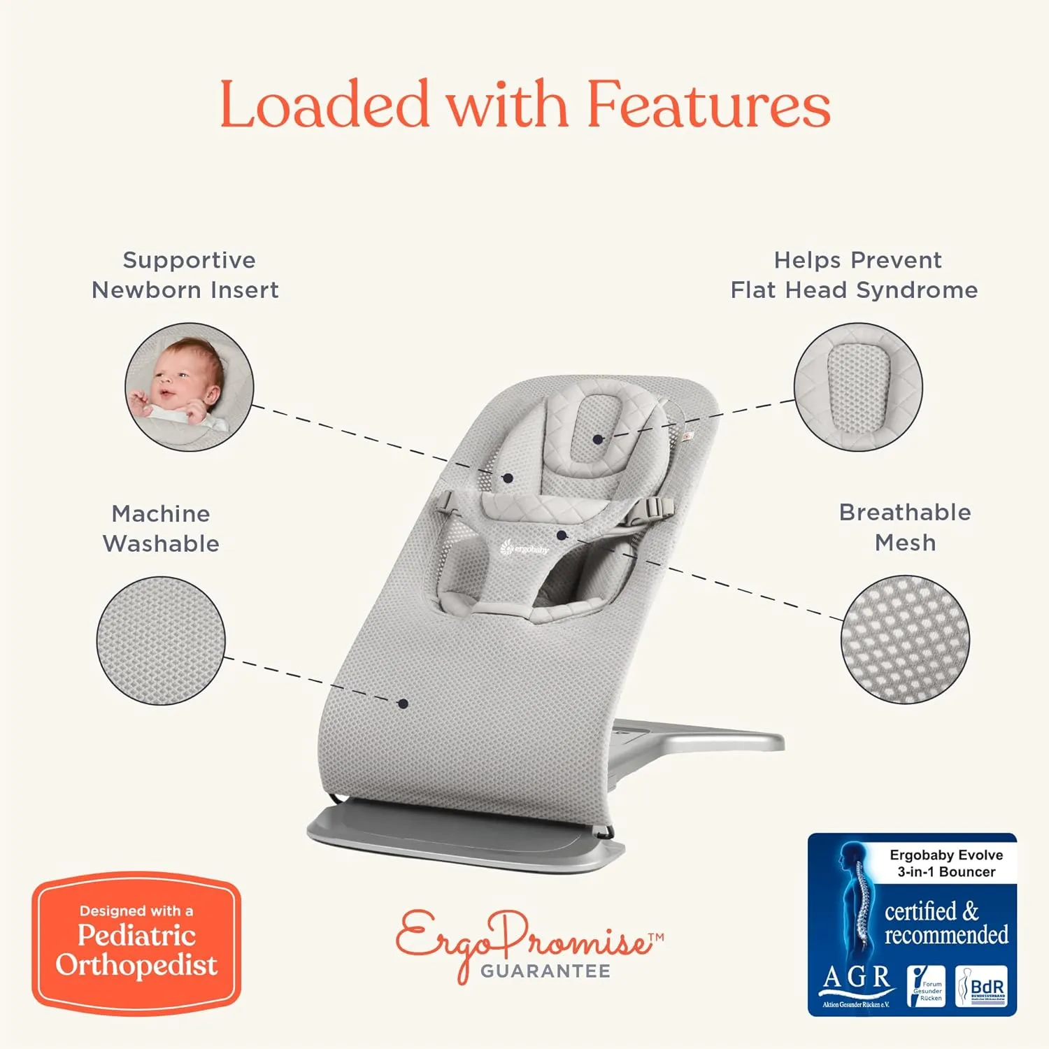 Ergobaby Evolve 3-in-1 Mesh Bouncer, Adjustable Multi Position Baby Bouncer Seat, Fits Newborn to Toddler, Grey Mesh