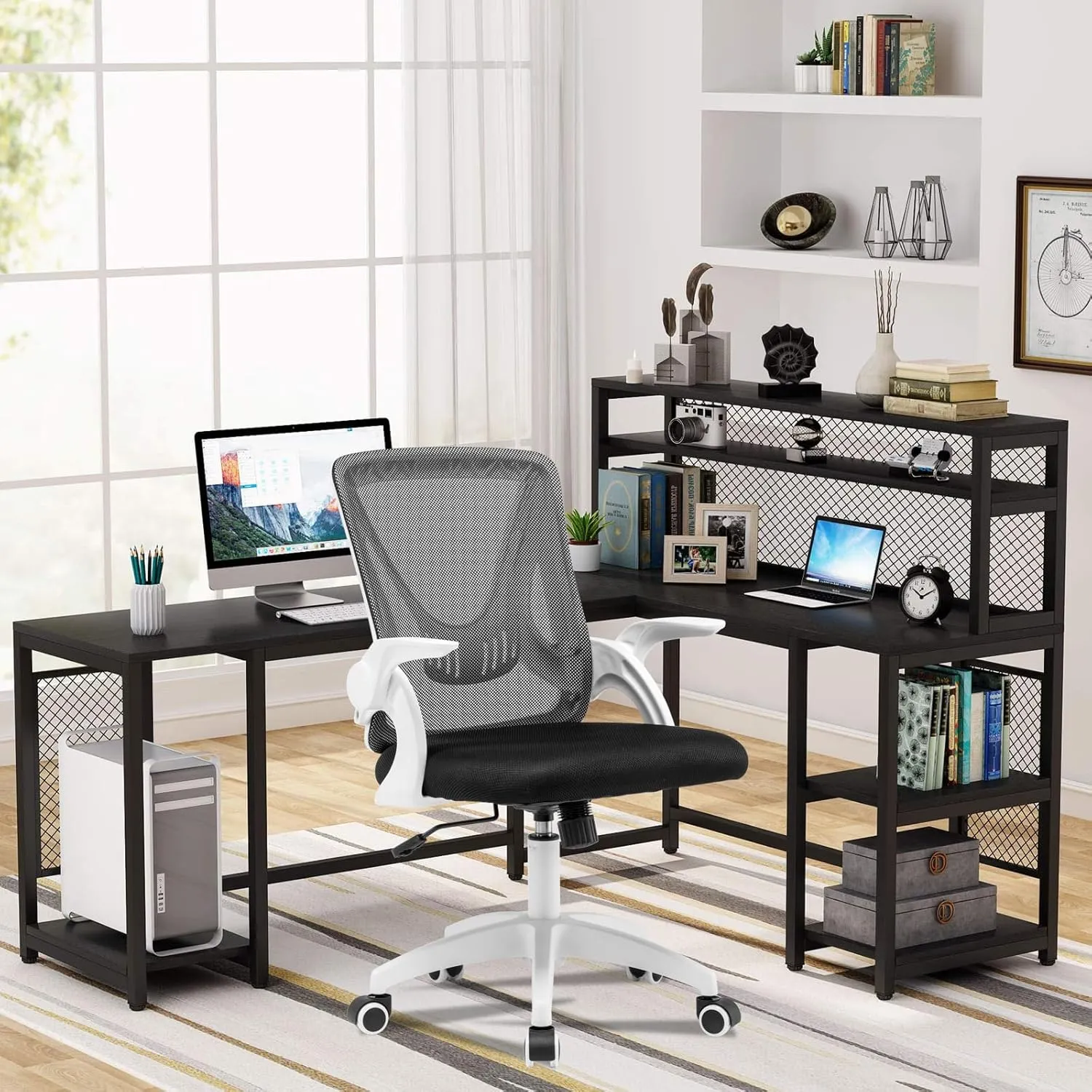 Ergonomic Office Chair Swivel Computer Desk Chair with Flip-up Armrests, Height Adjustable Mesh Chair with Lumbar Support for Home, Bedroom, Study, White Black
