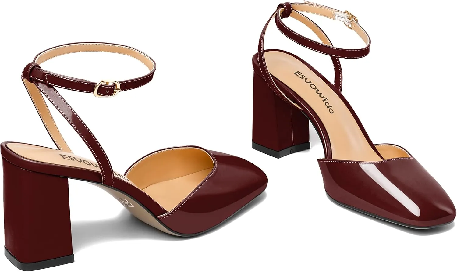 Esvowido Women's Slingback Chunky Heel Block High Heel Pumps Square Toe Adjustable Ankle Strap Sandals Wedding Party Elegant Dress Shoes