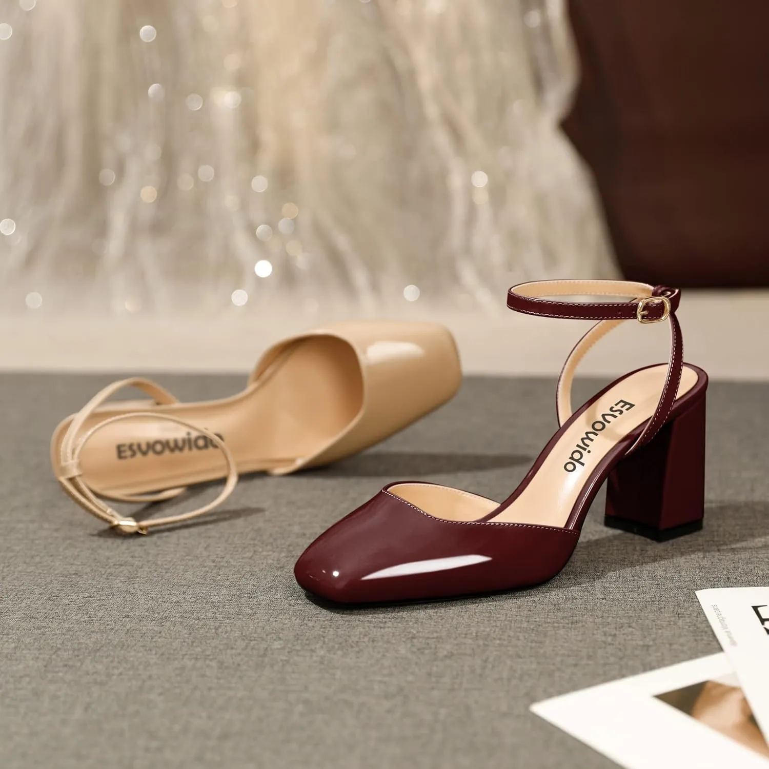 Esvowido Women's Slingback Chunky Heel Block High Heel Pumps Square Toe Adjustable Ankle Strap Sandals Wedding Party Elegant Dress Shoes