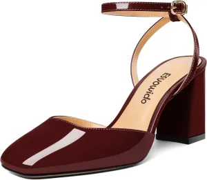 Esvowido Women's Slingback Chunky Heel Block High Heel Pumps Square Toe Adjustable Ankle Strap Sandals Wedding Party Elegant Dress Shoes