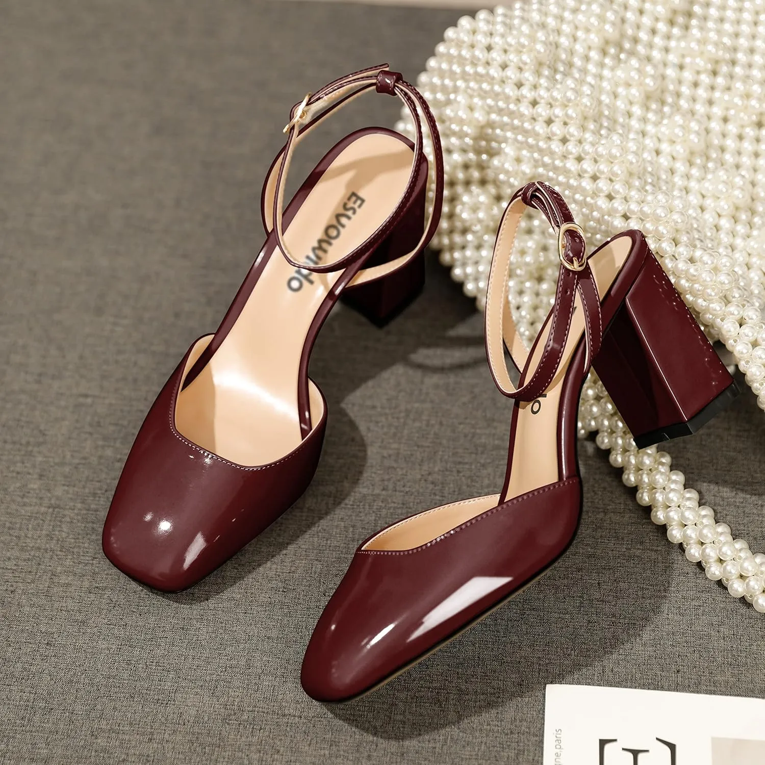 Esvowido Women's Slingback Chunky Heel Block High Heel Pumps Square Toe Adjustable Ankle Strap Sandals Wedding Party Elegant Dress Shoes
