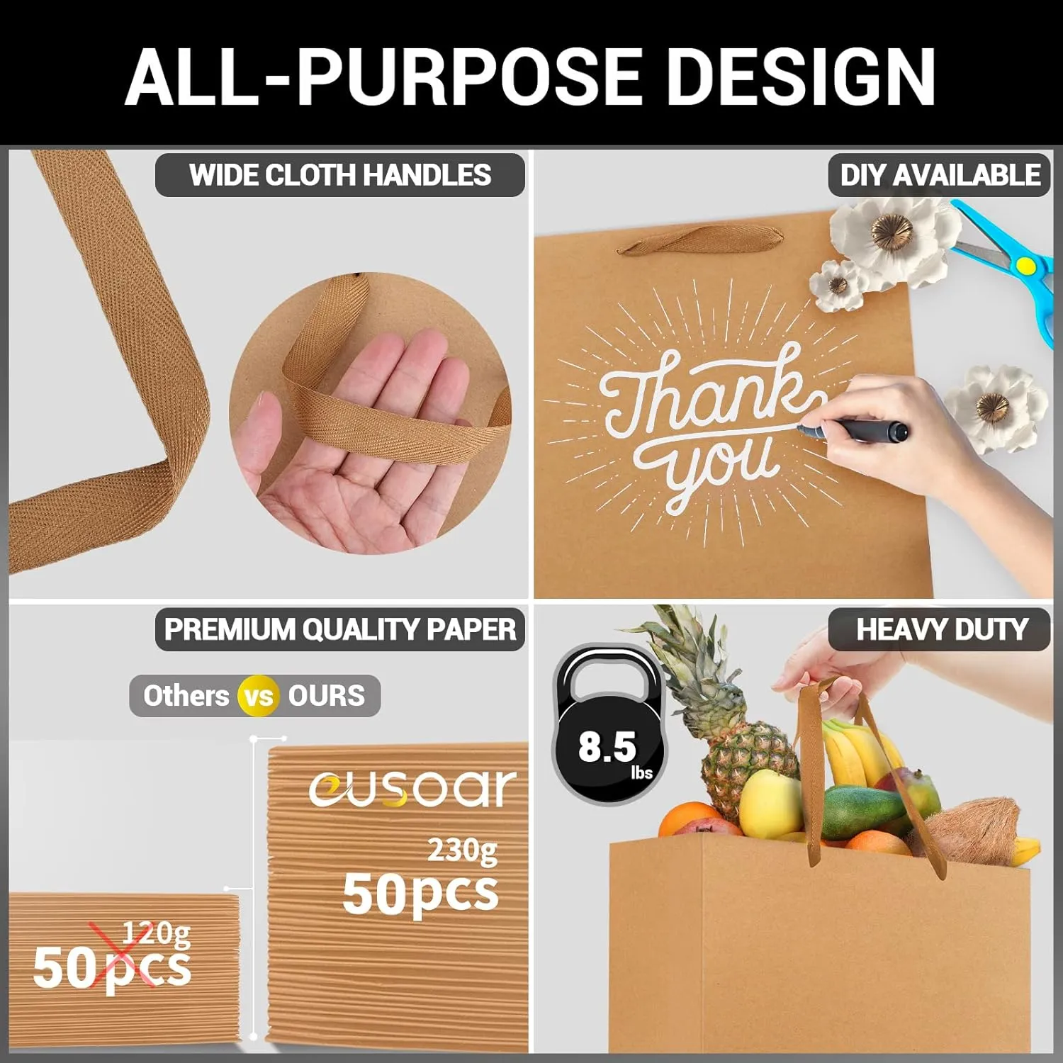 EUSOAR Kraft Shopping Paper Bags, 50pcs 10.6" x 3.1" x 8.3" Brown Gift Bags With Handles for Party, Retail, Merchandise, Wedding