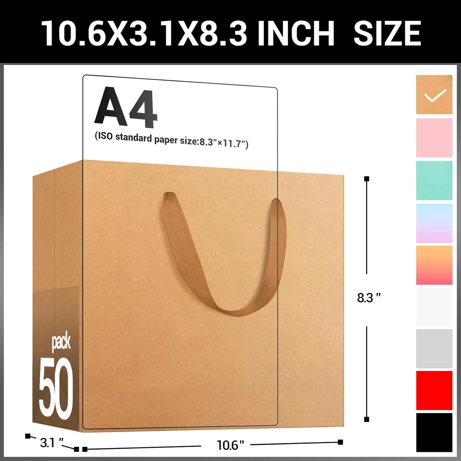 EUSOAR Kraft Shopping Paper Bags, 50pcs 10.6" x 3.1" x 8.3" Brown Gift Bags With Handles for Party, Retail, Merchandise, Wedding