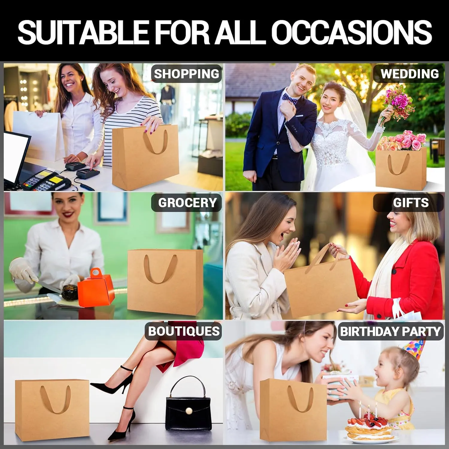 EUSOAR Kraft Shopping Paper Bags, 50pcs 10.6" x 3.1" x 8.3" Brown Gift Bags With Handles for Party, Retail, Merchandise, Wedding