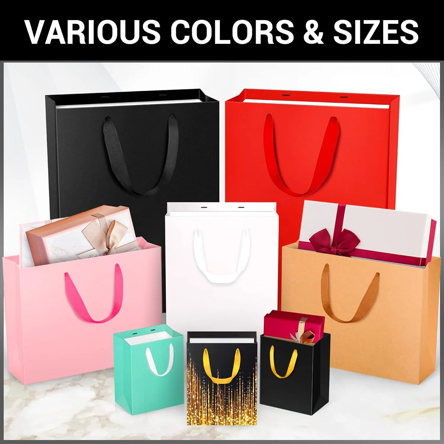 EUSOAR Kraft Shopping Paper Bags, 50pcs 10.6" x 3.1" x 8.3" Brown Gift Bags With Handles for Party, Retail, Merchandise, Wedding