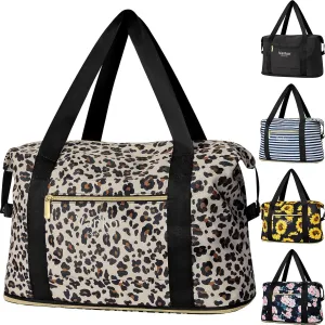 Expandable Travel Duffle Bag for Travel, Foldable Carry on Tote Bag Weekender Overnight Hosptital Bag for Men Women Lightweight Luggage Maternity Bag Leopard Print