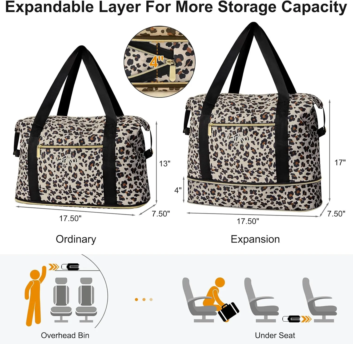 Expandable Travel Duffle Bag for Travel, Foldable Carry on Tote Bag Weekender Overnight Hosptital Bag for Men Women Lightweight Luggage Maternity Bag Leopard Print