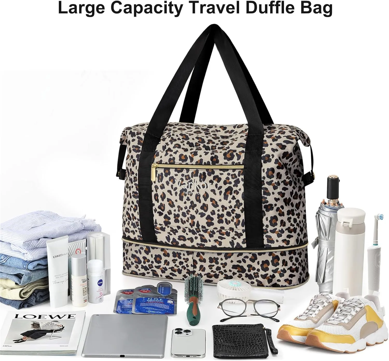 Expandable Travel Duffle Bag for Travel, Foldable Carry on Tote Bag Weekender Overnight Hosptital Bag for Men Women Lightweight Luggage Maternity Bag Leopard Print