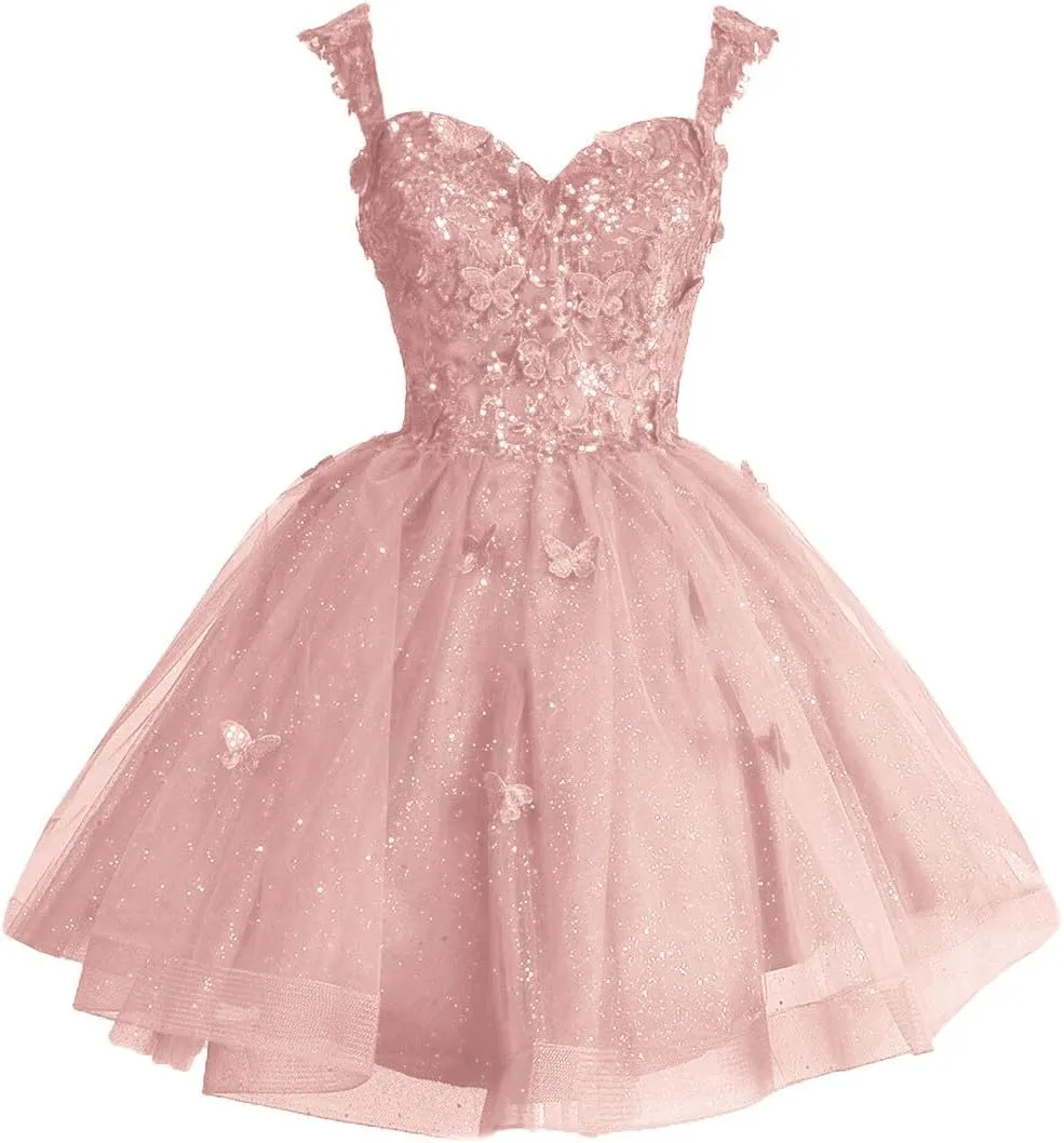 Fanciest Off Shoulder Glitter Tulle Homecoming Dresses for Teens 3D Butterfly Short Prom Dress Sequin Quinceanera Dresses