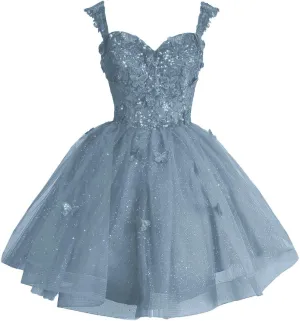 Fanciest Off Shoulder Glitter Tulle Homecoming Dresses for Teens 3D Butterfly Short Prom Dress Sequin Quinceanera Dresses