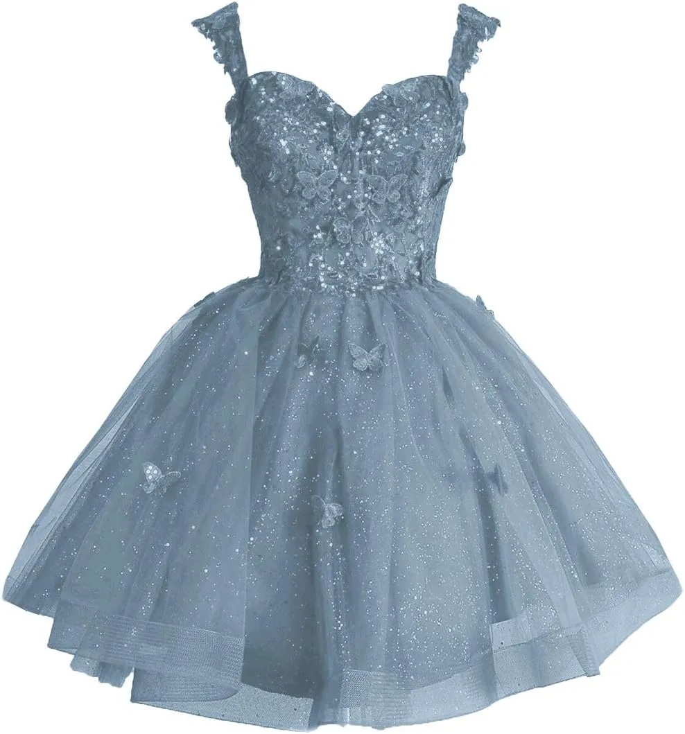 Fanciest Off Shoulder Glitter Tulle Homecoming Dresses for Teens 3D Butterfly Short Prom Dress Sequin Quinceanera Dresses