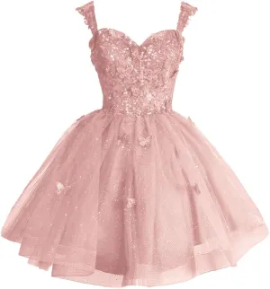 Fanciest Off Shoulder Glitter Tulle Homecoming Dresses for Teens 3D Butterfly Short Prom Dress Sequin Quinceanera Dresses