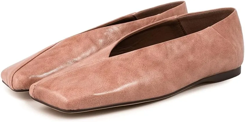 Fandimeier Women's Leather Ballet Flats Squared Toe Comfortable Dressy Slip On Walking Shoes for Casual Work