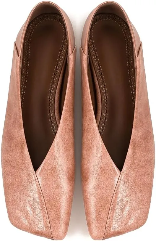 Fandimeier Women's Leather Ballet Flats Squared Toe Comfortable Dressy Slip On Walking Shoes for Casual Work