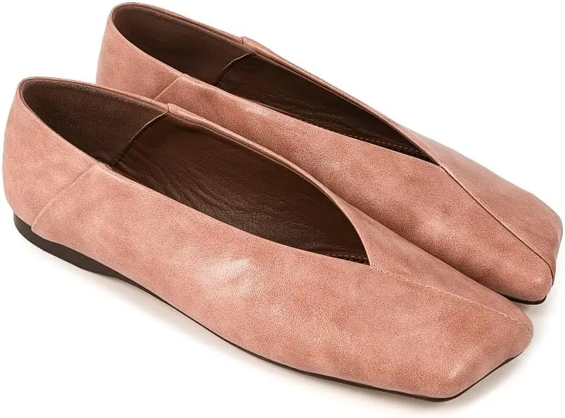 Fandimeier Women's Leather Ballet Flats Squared Toe Comfortable Dressy Slip On Walking Shoes for Casual Work