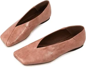 Fandimeier Women's Leather Ballet Flats Squared Toe Comfortable Dressy Slip On Walking Shoes for Casual Work