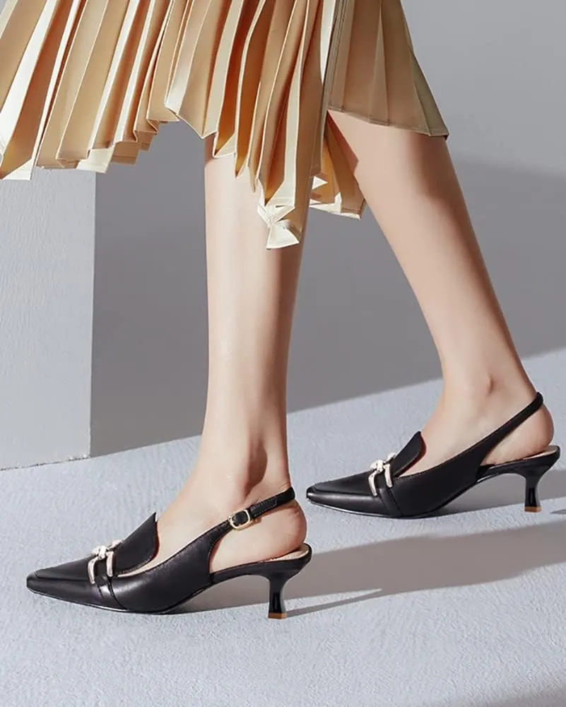Fashare Womens Kitten Heels Slingback Closed Pointed Toe Dress Shoes Metal Chain Buckle Elegant Pumps