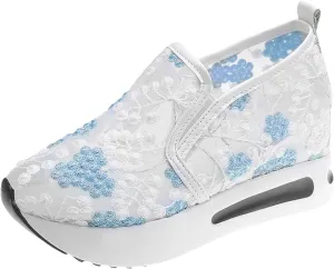 Fashion Sneakers for Women Soft Platform Wedge Shoes Mesh Air Comfort Chunky Sole Slip On Loafers Breathable Walking Work Shoes Arch Support Floral Sheer Mesh Sneaker