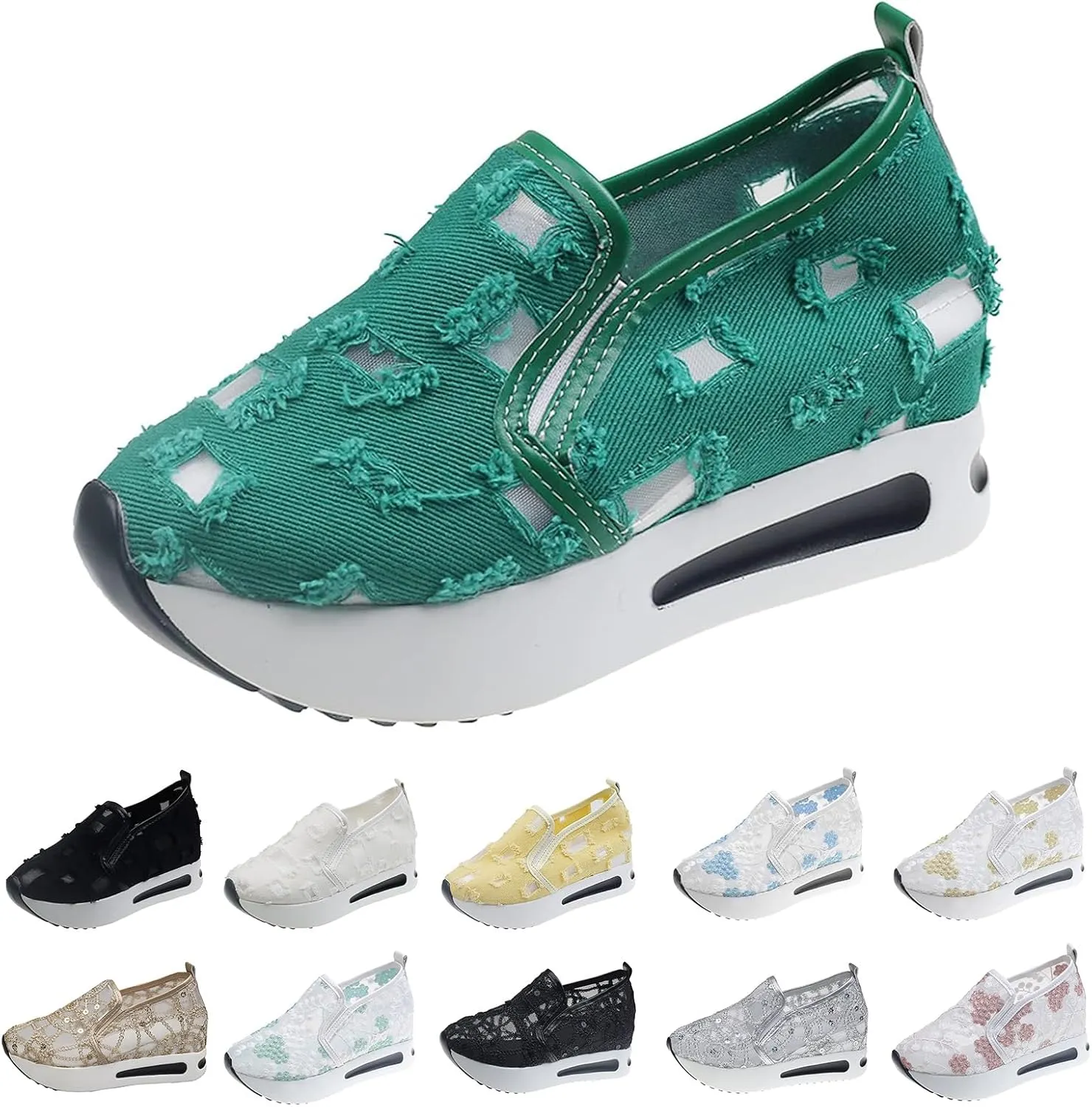 Fashion Sneakers for Women Soft Platform Wedge Shoes Mesh Air Comfort Chunky Sole Slip On Loafers Breathable Walking Work Shoes Arch Support Floral Sheer Mesh Sneaker
