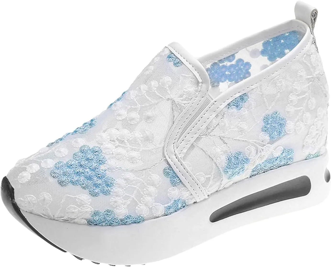 Fashion Sneakers for Women Soft Platform Wedge Shoes Mesh Air Comfort Chunky Sole Slip On Loafers Breathable Walking Work Shoes Arch Support Floral Sheer Mesh Sneaker