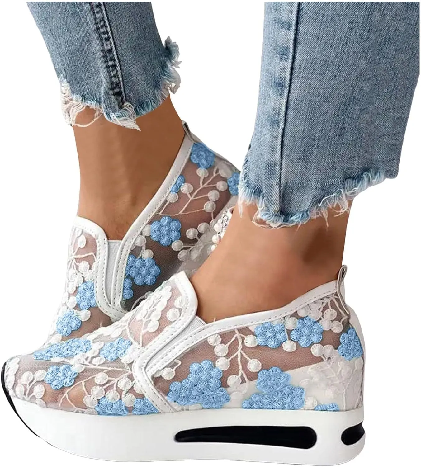 Fashion Sneakers for Women Soft Platform Wedge Shoes Mesh Air Comfort Chunky Sole Slip On Loafers Breathable Walking Work Shoes Arch Support Floral Sheer Mesh Sneaker