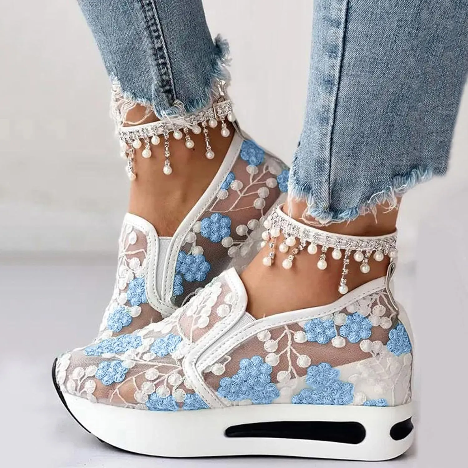 Fashion Sneakers for Women Soft Platform Wedge Shoes Mesh Air Comfort Chunky Sole Slip On Loafers Breathable Walking Work Shoes Arch Support Floral Sheer Mesh Sneaker