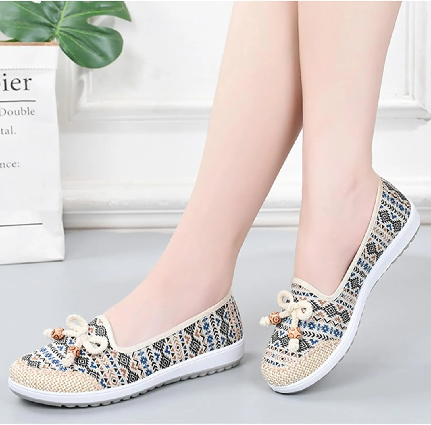 Fashion Women's Linen Shoes with Bowknot, Sweet Slip On Flat Heel Casual Footwear, Soft Breathable Flat Shoes
