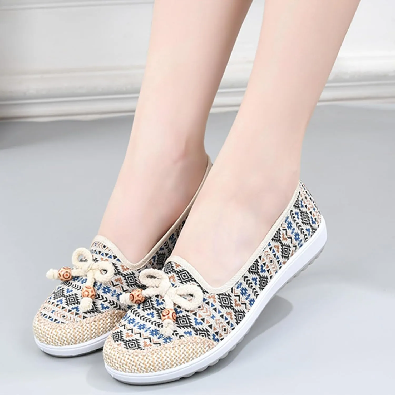 Fashion Women's Linen Shoes with Bowknot, Sweet Slip On Flat Heel Casual Footwear, Soft Breathable Flat Shoes