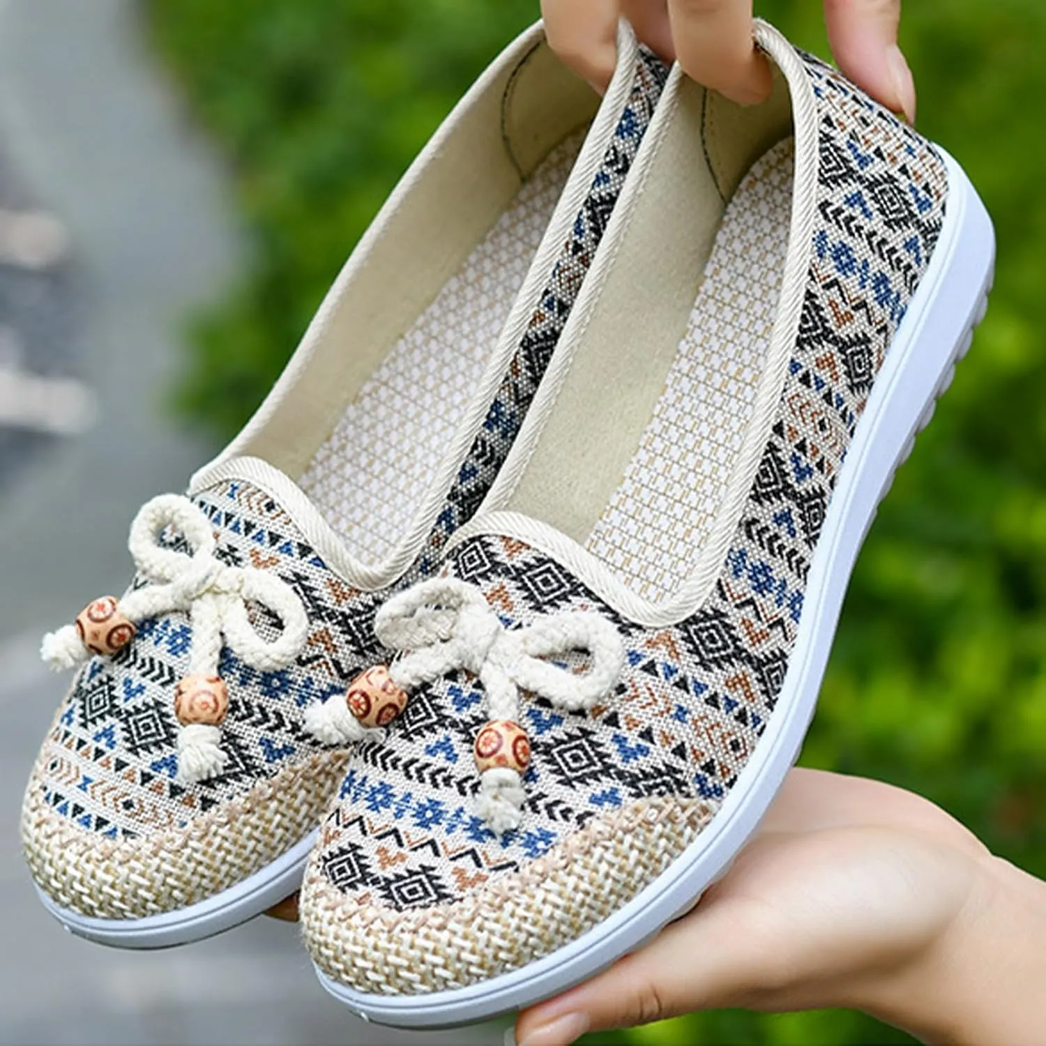 Fashion Women's Linen Shoes with Bowknot, Sweet Slip On Flat Heel Casual Footwear, Soft Breathable Flat Shoes
