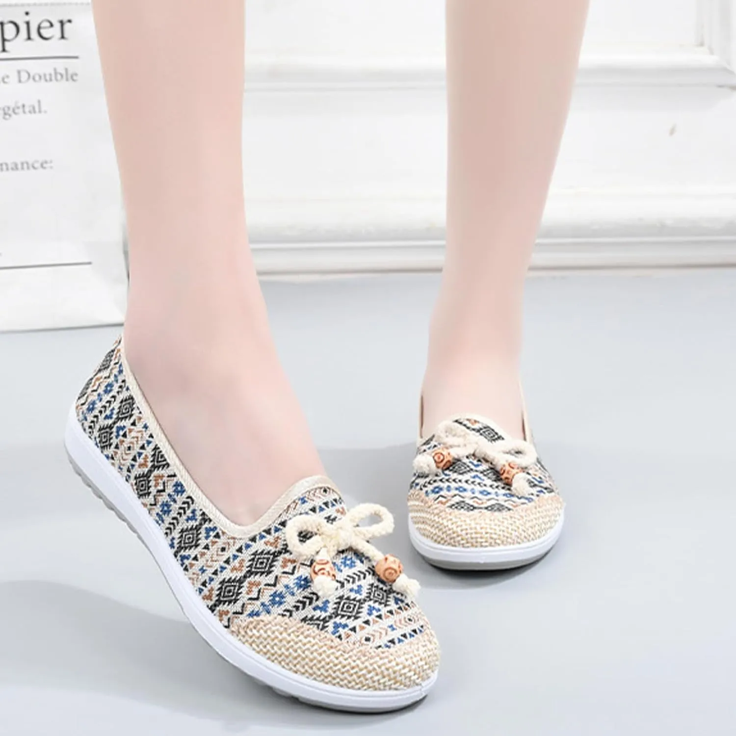 Fashion Women's Linen Shoes with Bowknot, Sweet Slip On Flat Heel Casual Footwear, Soft Breathable Flat Shoes