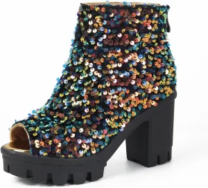 Fashion Womens Peep Toe Sparkle Ankle Boots Platform Heel Glitter Booties