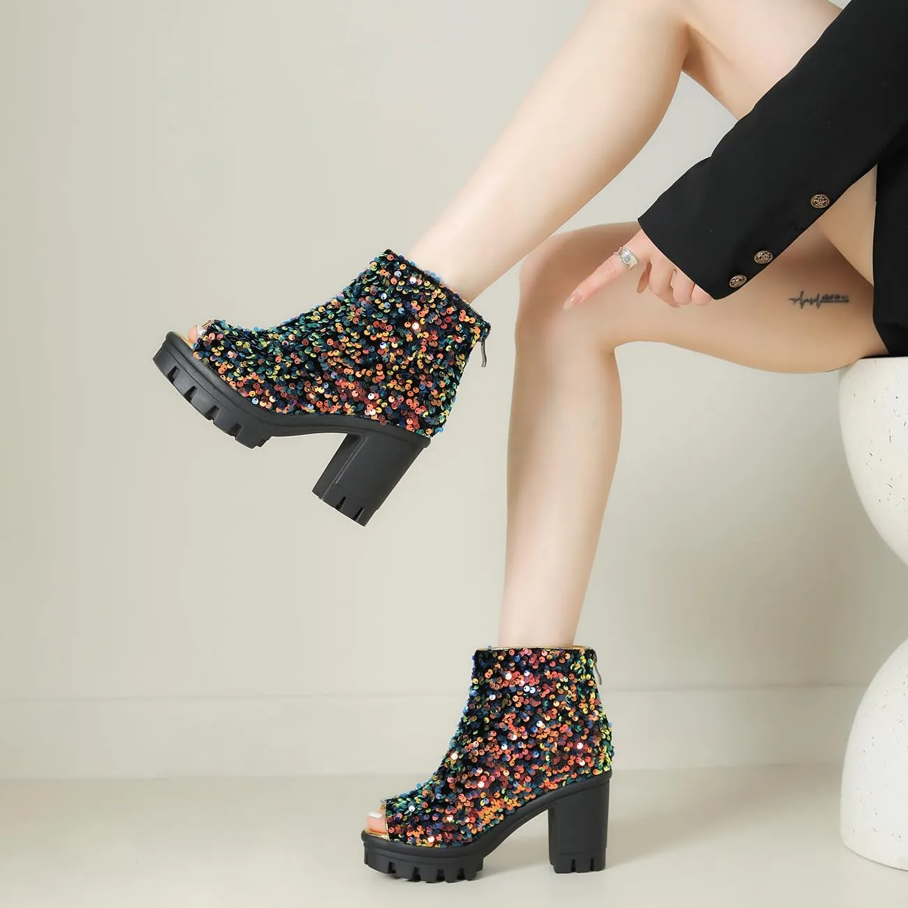 Fashion Womens Peep Toe Sparkle Ankle Boots Platform Heel Glitter Booties
