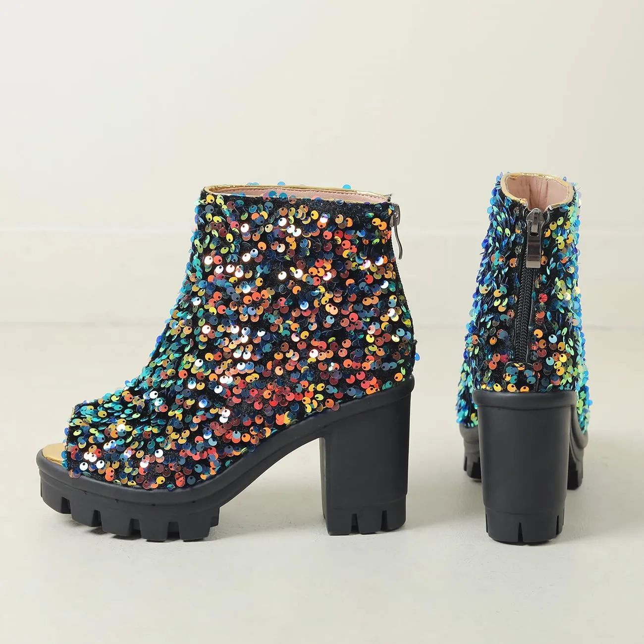 Fashion Womens Peep Toe Sparkle Ankle Boots Platform Heel Glitter Booties