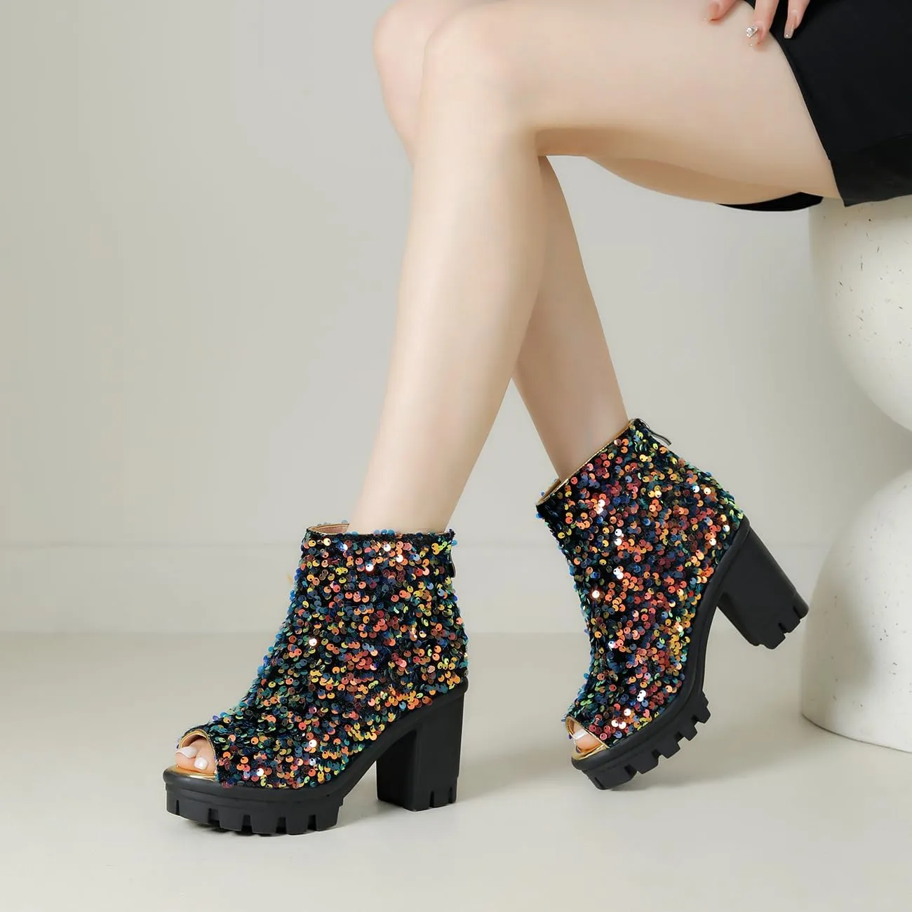 Fashion Womens Peep Toe Sparkle Ankle Boots Platform Heel Glitter Booties