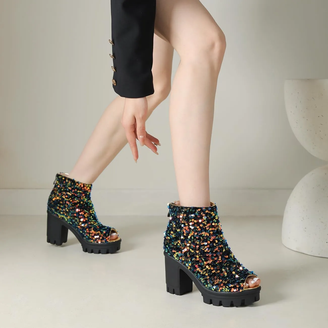 Fashion Womens Peep Toe Sparkle Ankle Boots Platform Heel Glitter Booties