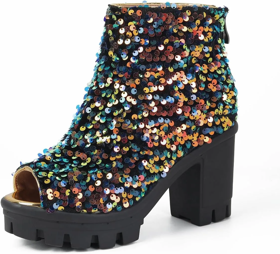 Fashion Womens Peep Toe Sparkle Ankle Boots Platform Heel Glitter Booties