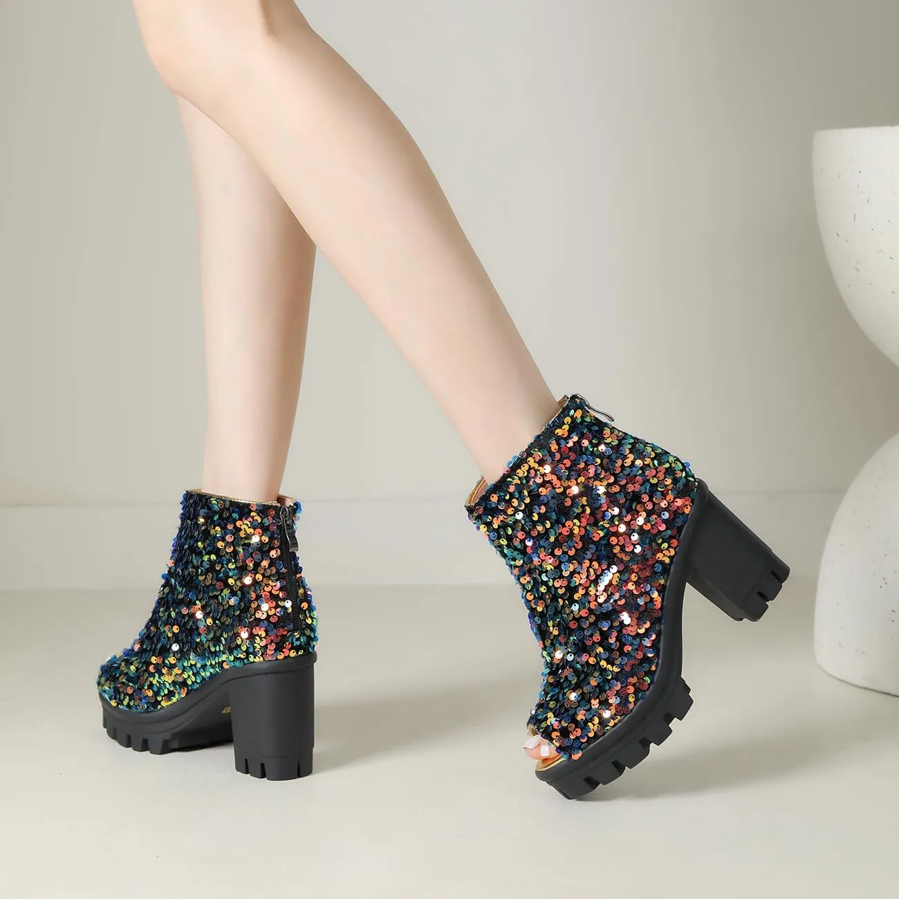 Fashion Womens Peep Toe Sparkle Ankle Boots Platform Heel Glitter Booties