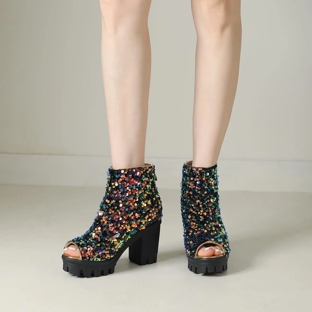 Fashion Womens Peep Toe Sparkle Ankle Boots Platform Heel Glitter Booties