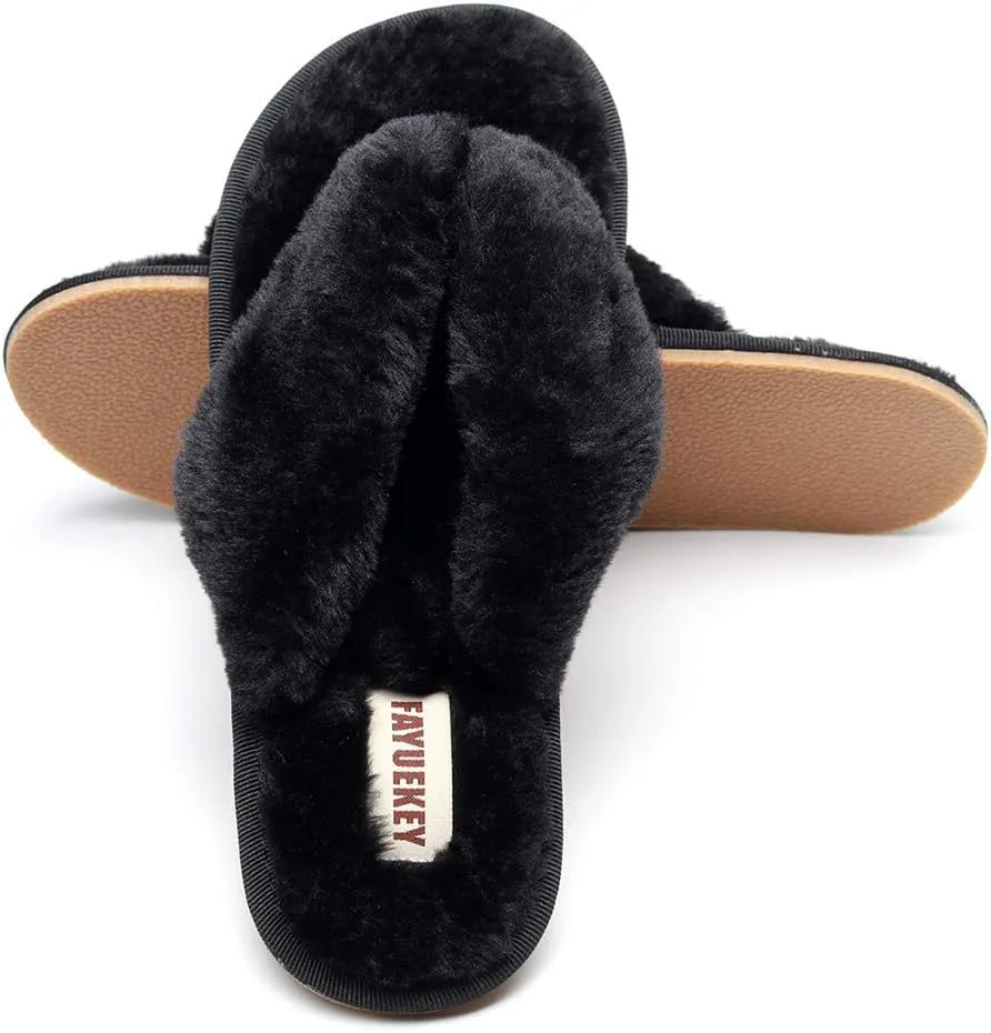 FAYUEKEY Comfort Spa Flip Flops Thong Slide for Women Girls Sexy Fuzzy Bedroom House Slippers with Memory Foam