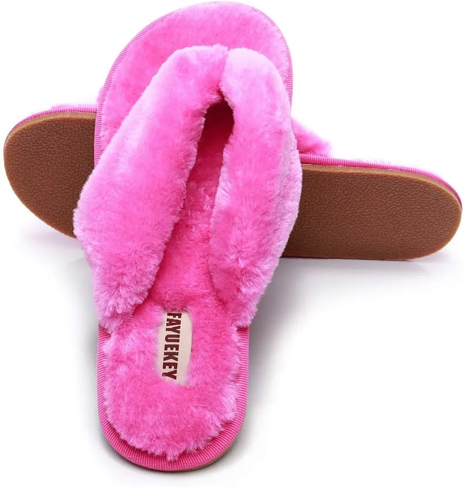 FAYUEKEY Comfort Spa Flip Flops Thong Slide for Women Girls Sexy Fuzzy Bedroom House Slippers with Memory Foam