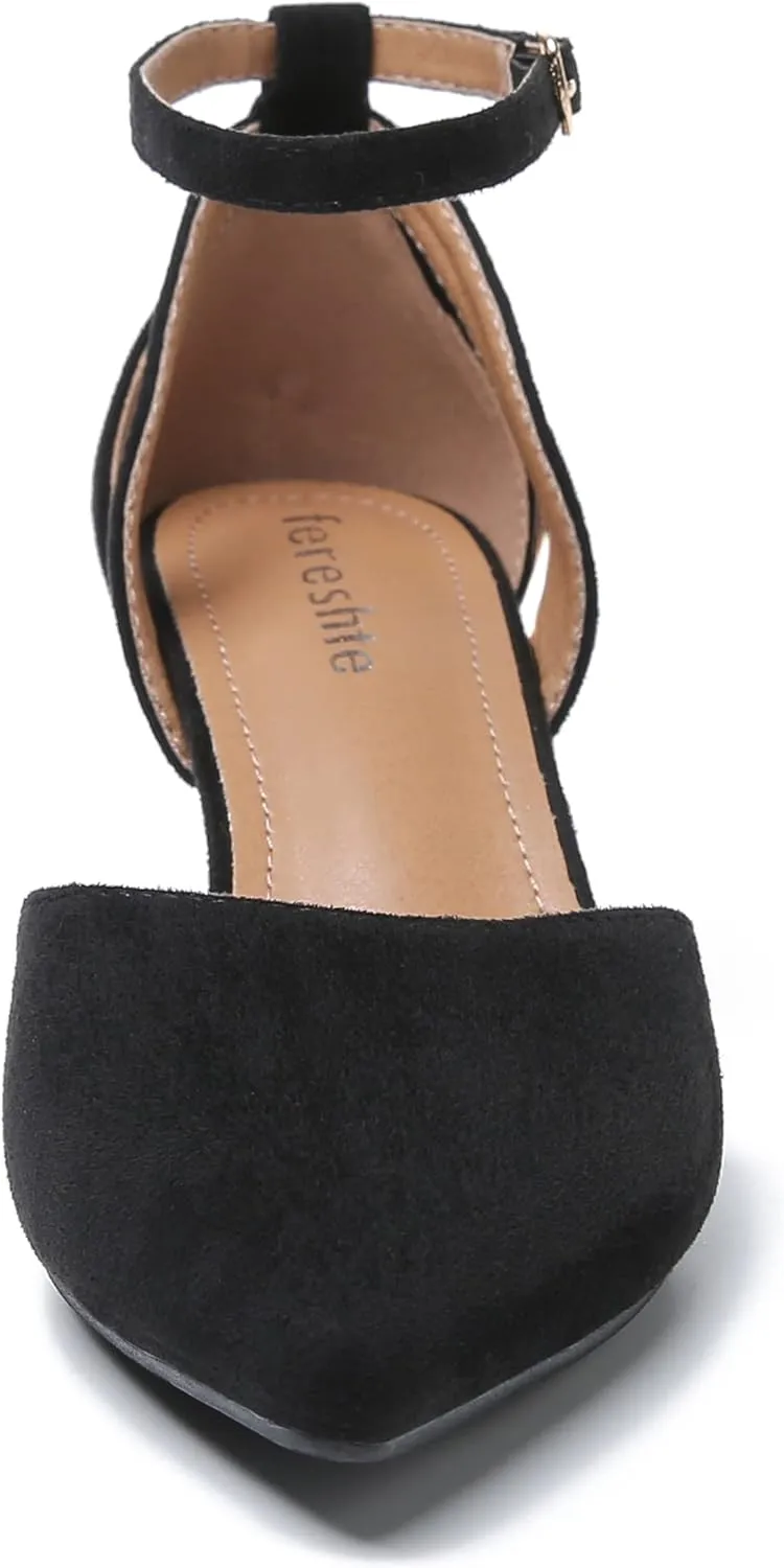 fereshte Women's Closed Pointed Toe Heels Ankle Strap Hollow Out D'Orsay Kitten Heel Dressy Pumps