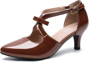 fereshte Women's Kitten Heels T Strap 2 Inch Low Heel Bow Pointed Toe D'Orsay Dressy Pumps