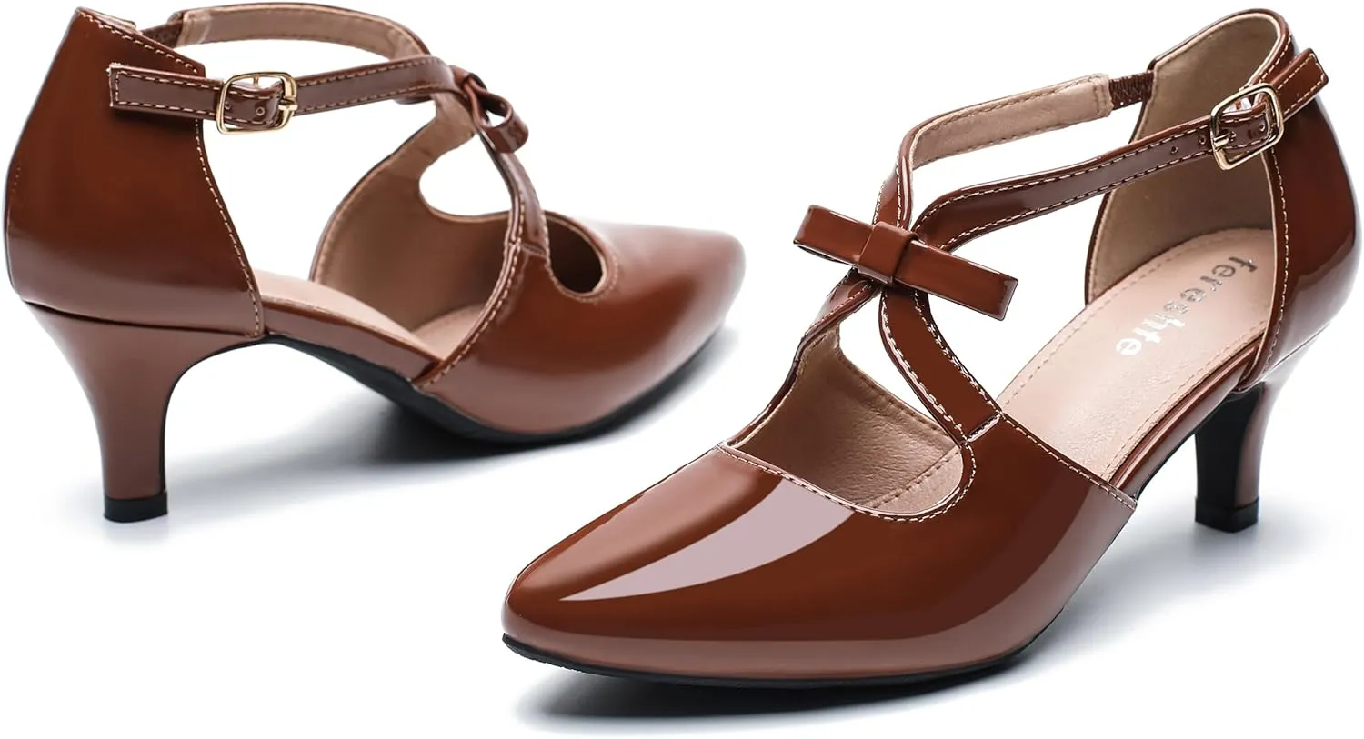 fereshte Women's Kitten Heels T Strap 2 Inch Low Heel Bow Pointed Toe D'Orsay Dressy Pumps