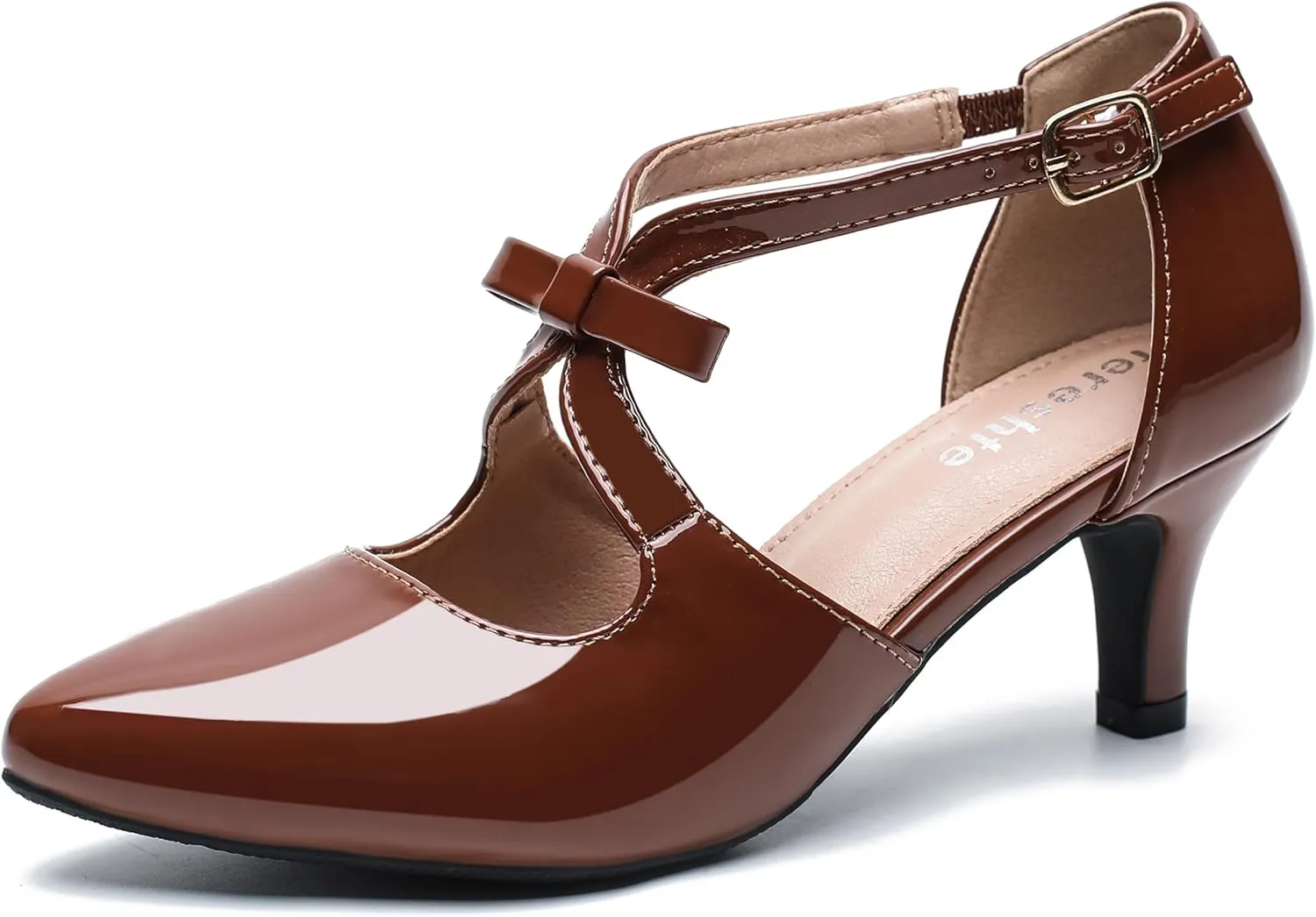 fereshte Women's Kitten Heels T Strap 2 Inch Low Heel Bow Pointed Toe D'Orsay Dressy Pumps