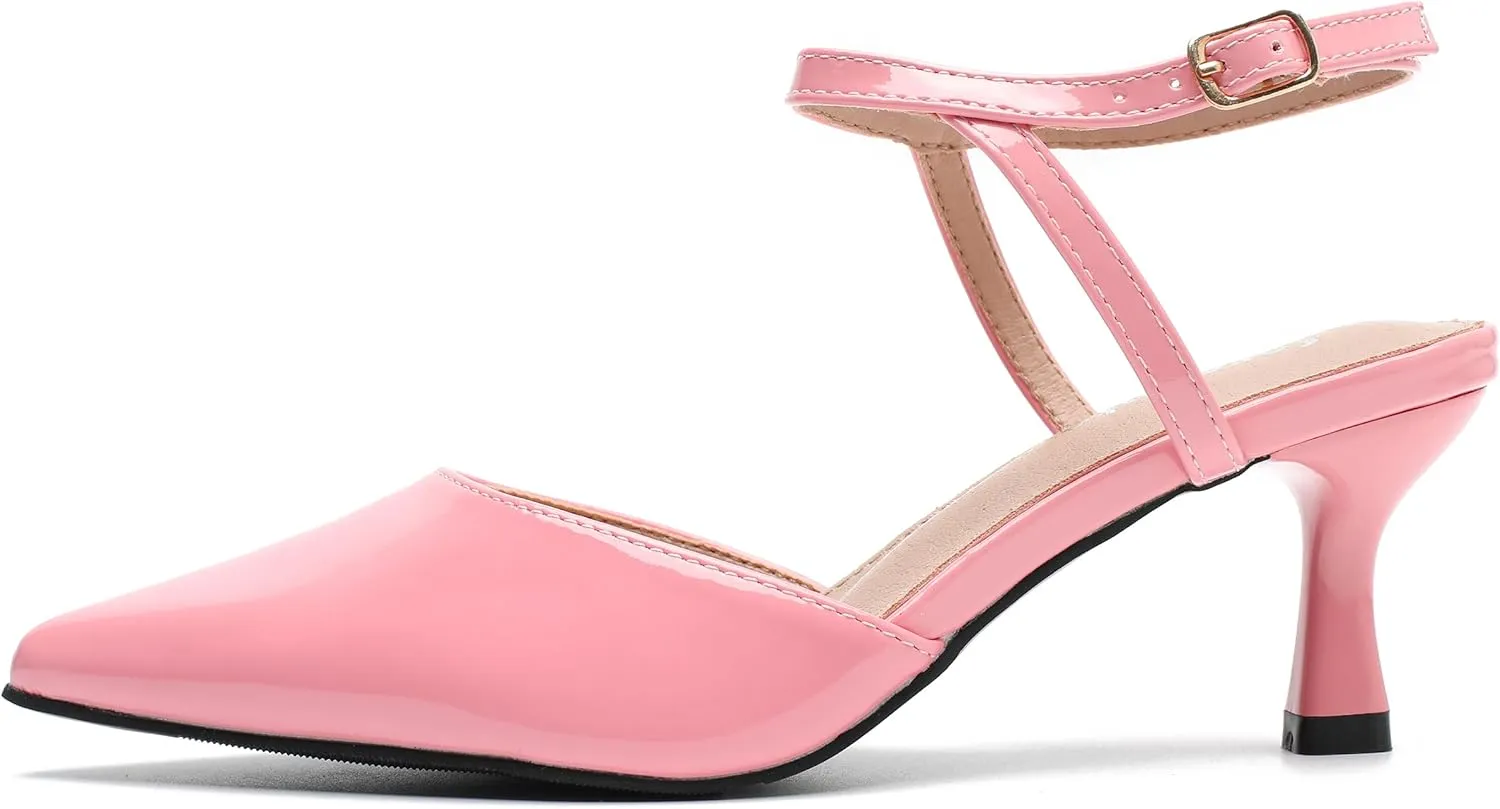 fereshte Women's Low Kitten Heels Ankle Strap Pumps Slingback Closed Toe Summer Dress Shoes