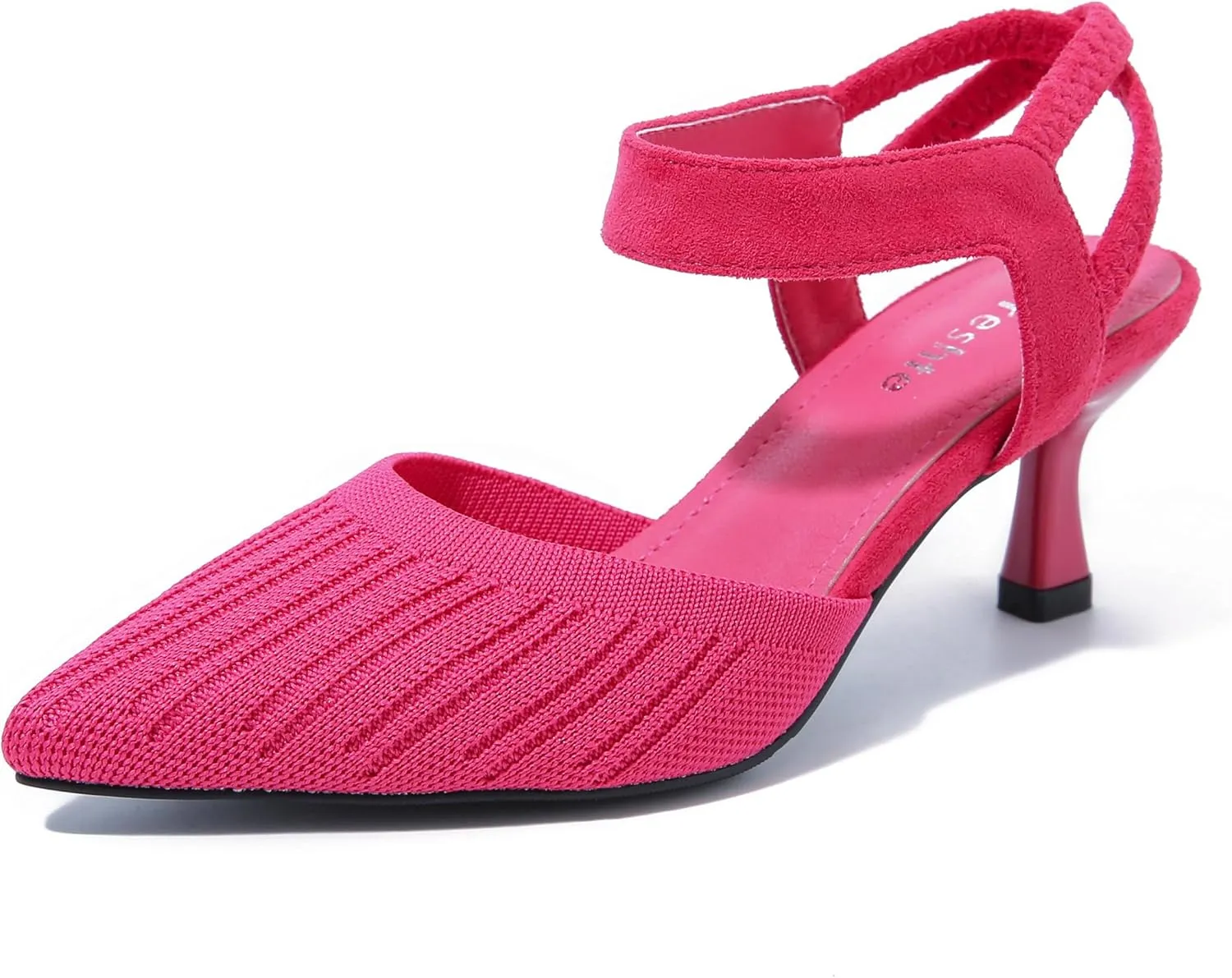 fereshte Women's Low Kitten Heels Knit Pumps Elastic Ankle Strap Slingback Dress Shoes